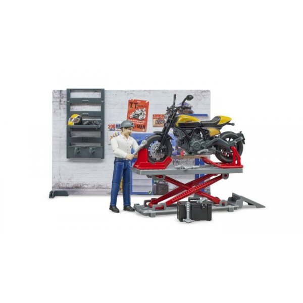 BRUDER 62102 BWORLD MOTORRADWERKSTATT MIT SCRAMBLER DUCATI FULL THROTTLE