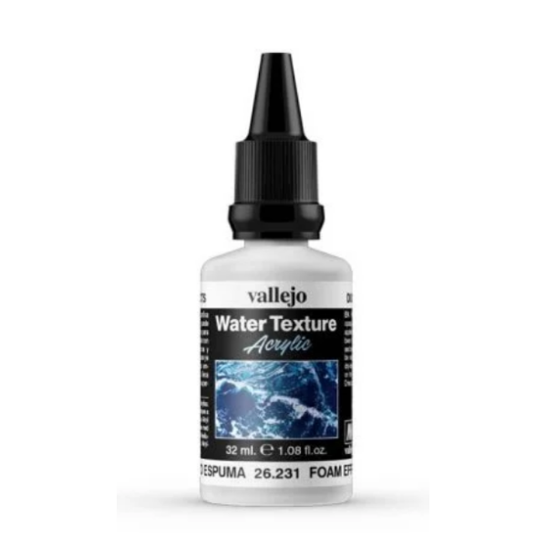 Die Vallejo 26231 Schaum und Schnee Effektpaste mit 32 ml Inhalt zur Darstellung von Schnee, Gischt und Meerschaum auf Dioramen und Modelllandschaften ist detailreich abgebildet.