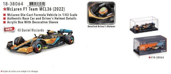 Bburago 18-38064R -  F1 McLaren MCL 36, mit Fahrer, Hardcase - #3 Ricciardo