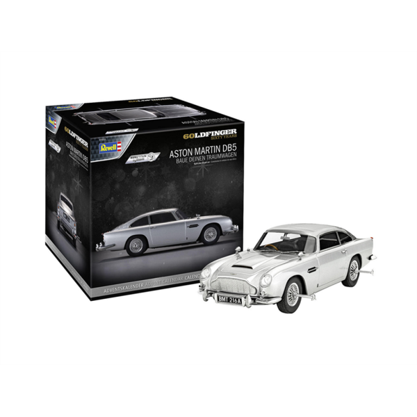 REVELL 01055 James Bond Aston Martin DB5 Adventskalender mit 122-teiligem easy-click Modellbausatz im Maßstab 1:24, Stickern und Aqua Color Farben.