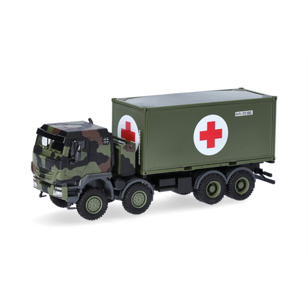 HERPA 747219-002 Iveco Trakker 8x8 der Bundeswehr mit 20-ft.-Container in olivgrüner Lackierung als detailreiches H0-Militärmodell.
