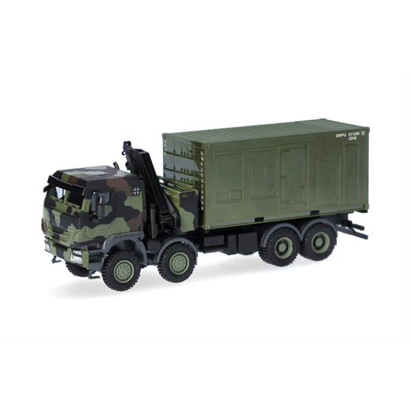HERPA 747288-002 Iveco Trakker 8x8 der Bundeswehr mit Ladekran und 20-ft.-Stromaggregat-Container als detailreiches Militärmodell im Maßstab 1:87.