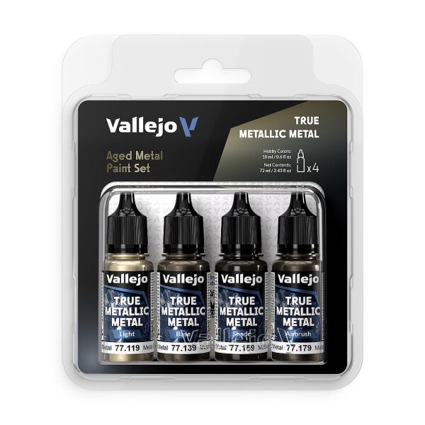 Vallejo 77258 Farb-Set, True Metallic Metal , Gealtertes Metall, 4x18 ml
