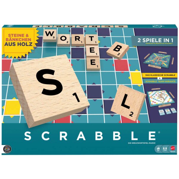 Mattel JGR62 Scrabble Original Holz Edition mit hochwertigen Holzbuchstaben und doppelseitigem Spielbrett – Draufsicht auf das Spielfeld.