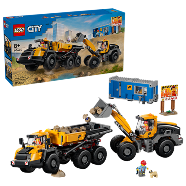 LEGO® City 60494 Kipplaster und Schaufellader mit Baustellenbüro, Minifiguren und Verpackung im Hintergrund