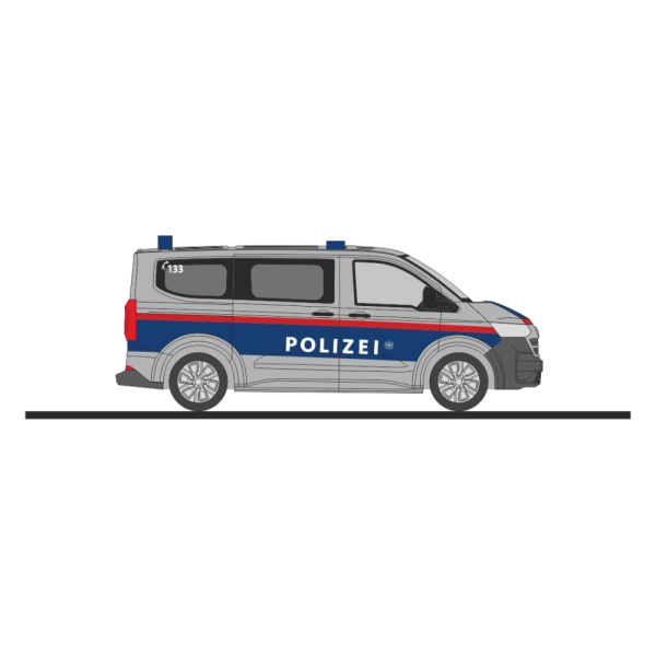 Rietze 52100 Volkswagen Transporter Bus KR Polizei Österreich als detailliertes Einsatzfahrzeug im Maßstab 1:87 für H0 Modellbahnanlagen und Sammlungen.