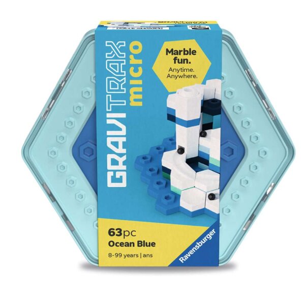 Ravensburger GraviTrax micro Ocean Blue Kugelbahn mit 63 Teilen und innovativen hexagonalen Klemmbausteinen.
