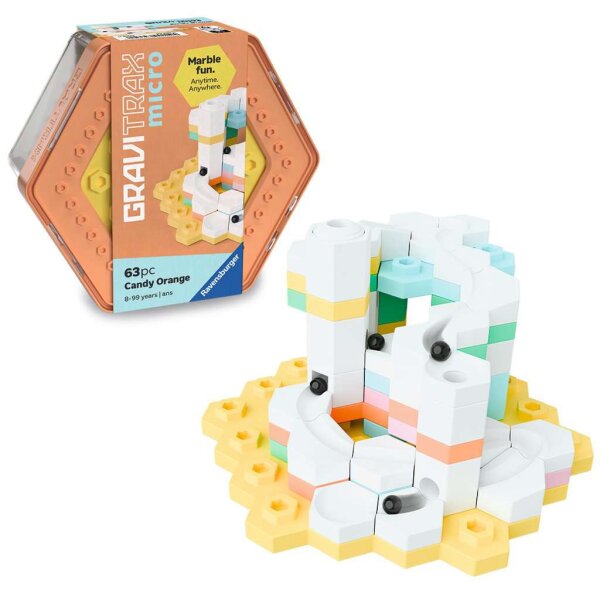 Ravensburger GraviTrax micro Candy Orange Kugelbahn mit 63 Teilen und farbenfrohen Bausteinen.