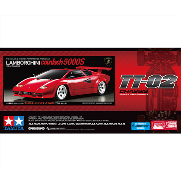 Tamiya 47527 Lamborghini Countach 5000S RC Bausatz auf TT-02 Allrad-Chassis im Maßstab 1:10.
