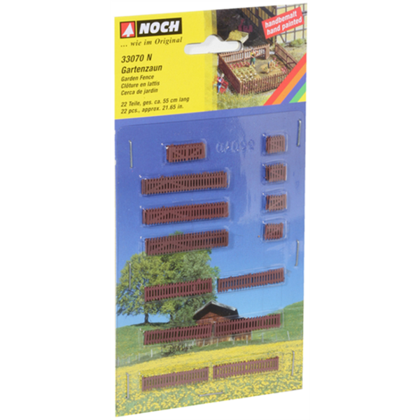 NOCH 33070 Gartenzaun für Spur N mit 22 handkolorierten Zaunelementen aus Kunststoff zur Gestaltung von Gärten, Blumenbeeten und Grundstücken auf Modellbahnanlagen.